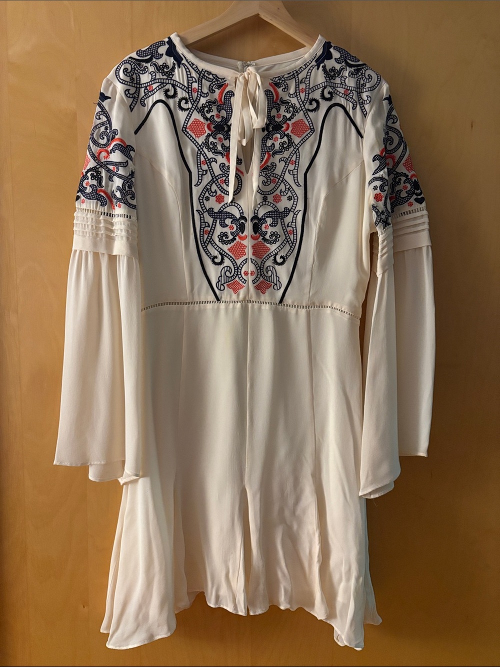 Parker Cream Mini Dress with Navy and Coral Embroidery